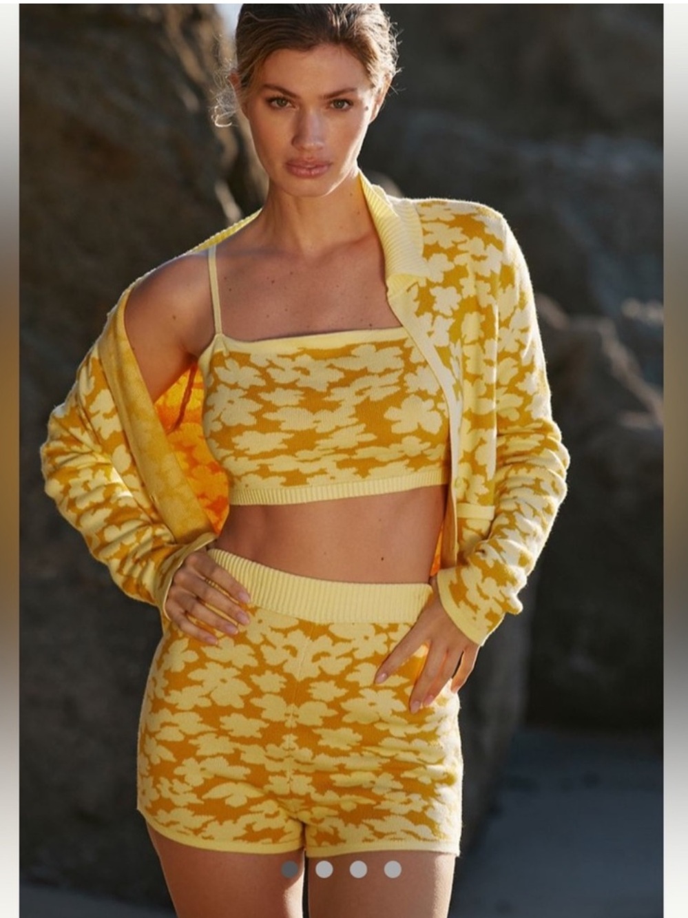 Anthropologie Yellow Floral Knit Cardigan & Crop Set